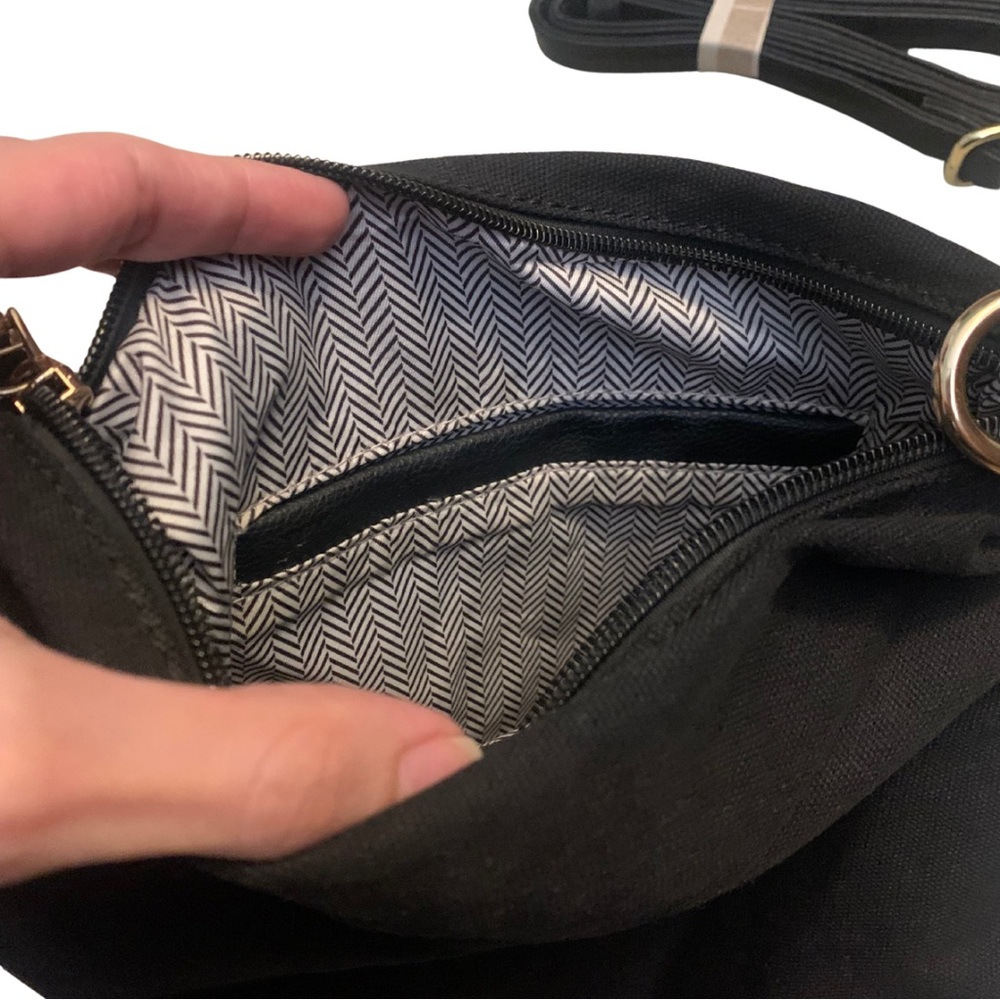 2/$30 NWOT Black Canvas Faux Leather Crossbody Handbag Square Capsule Minimalist - Picture 6 of 9